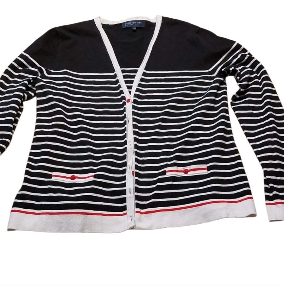 Jones New York Signature Striped Cardigan Black Red White L